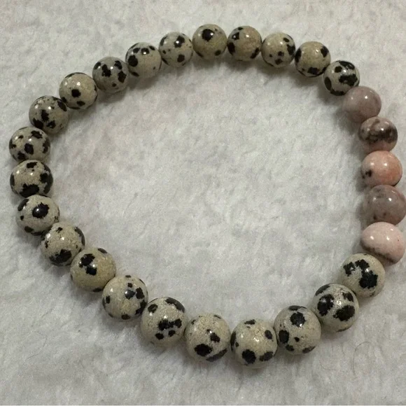 Dalmatian Jasper and Pink Stone Beaded Stretch Bracelet - Picture 2 of 3